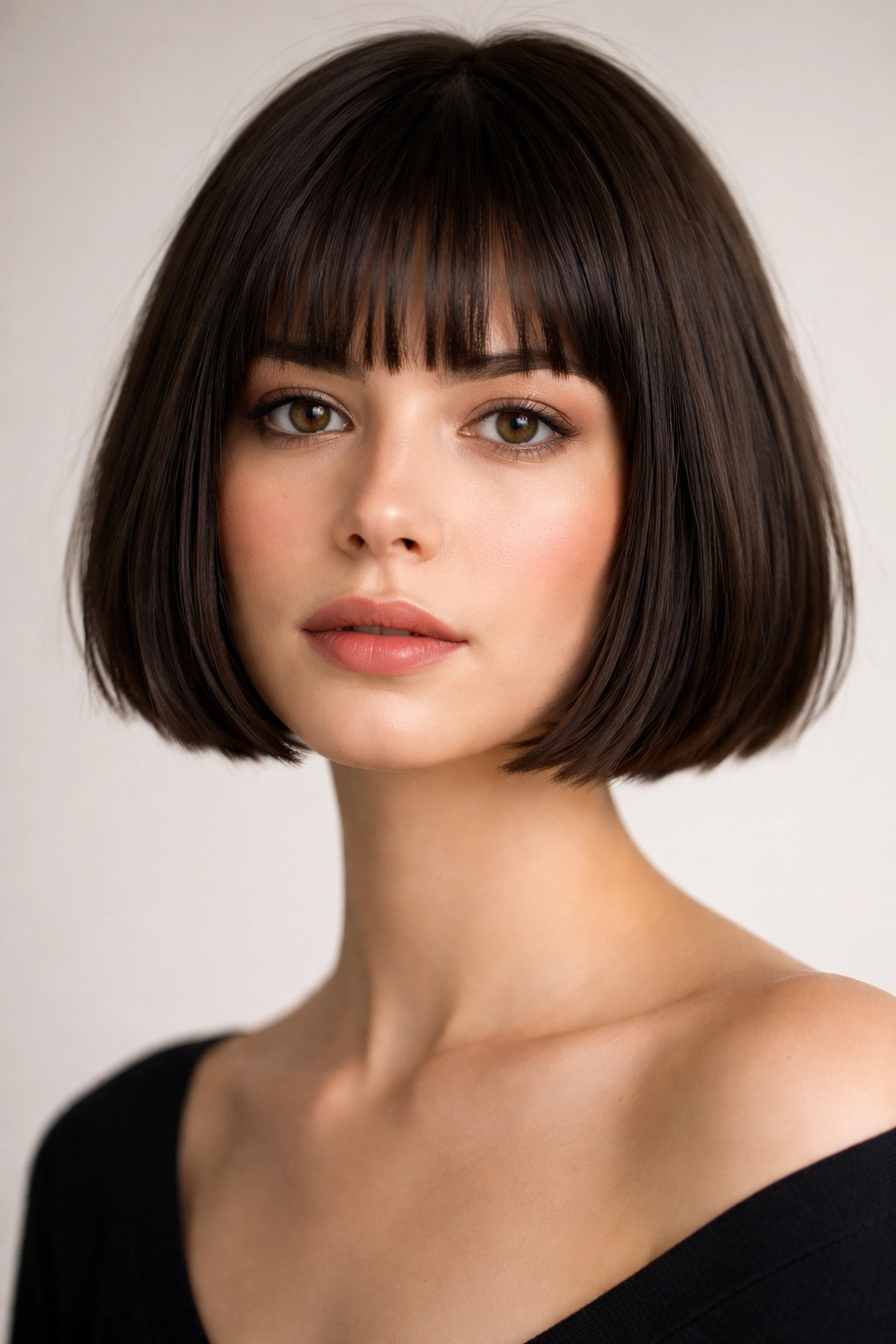 Close-up portrait of a person with a jawline-length blunt bob and blunt bangs