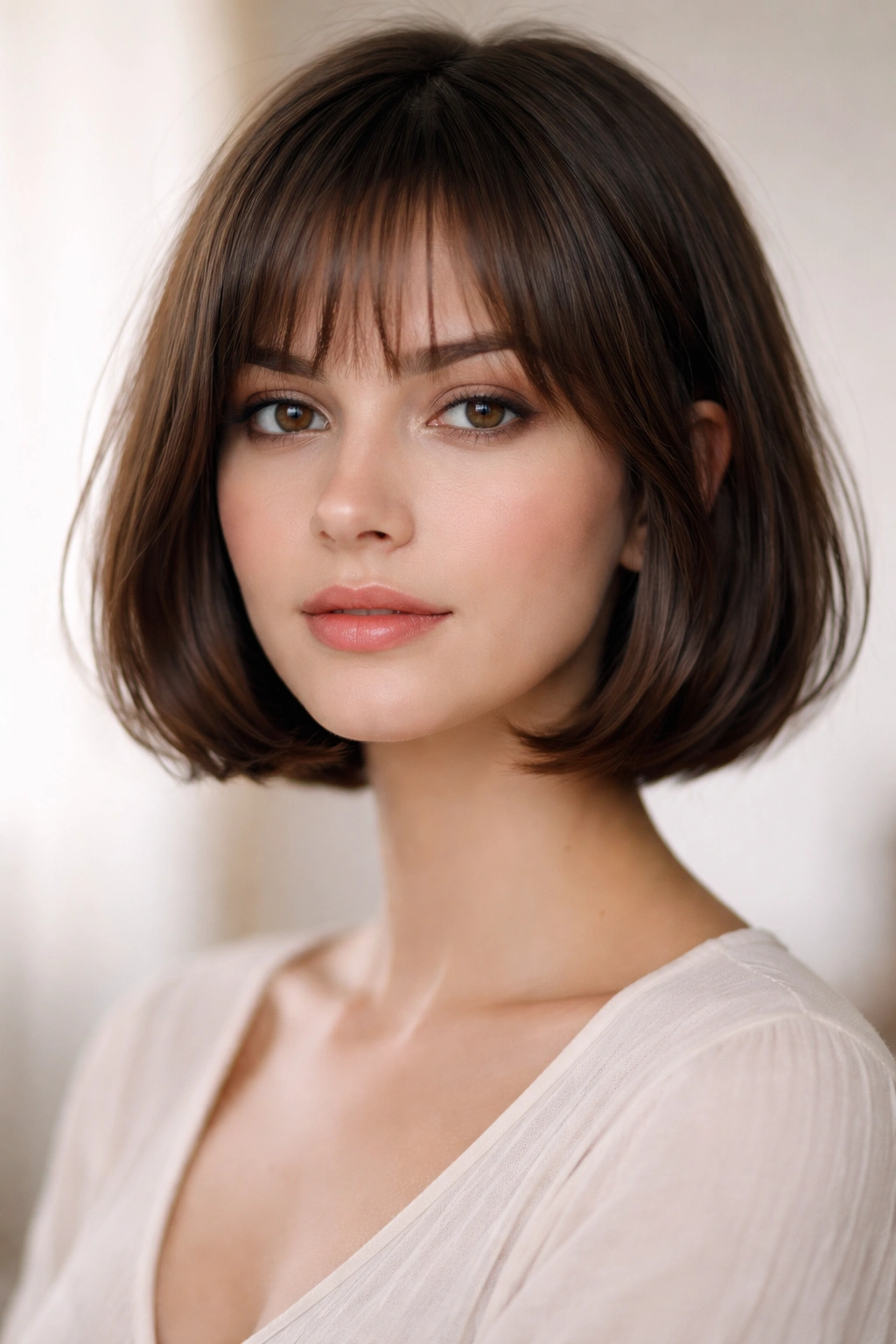 French bob with wispy subtle bangs blending into the chin-length silhouette.