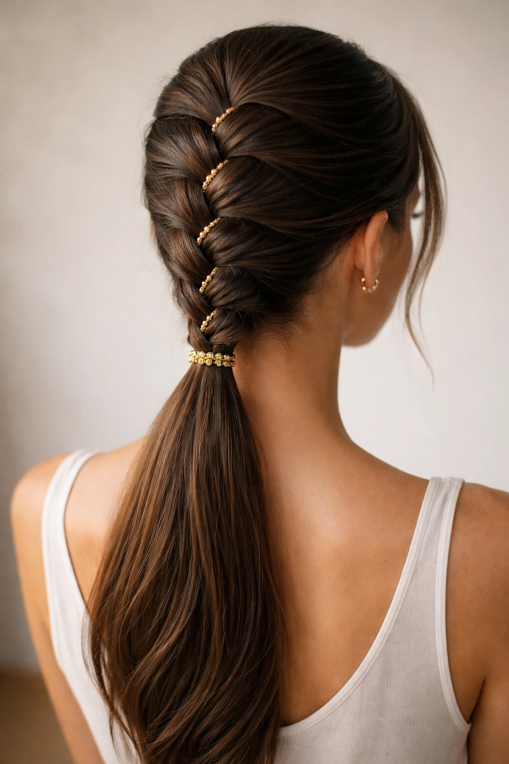 Close-up of a French braid ponytail with tiny gold-filled beads