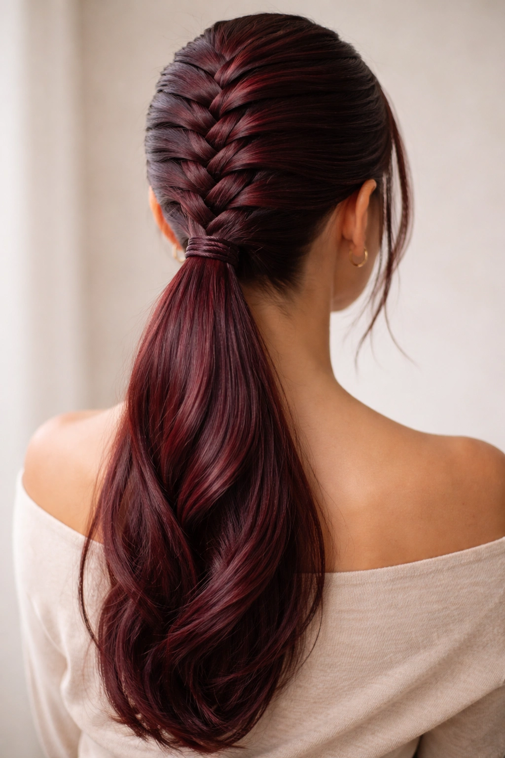 Back view of burgundy French braid ponytail with centered braid and glossy ponytail