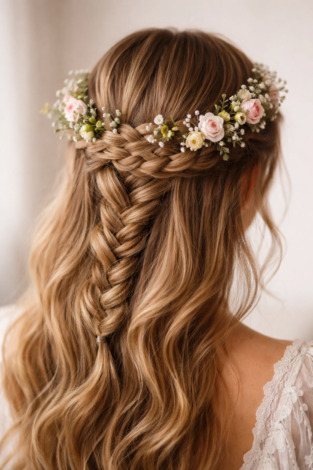 Close-up of a head with a French braid crown woven with tiny flowers and greenery