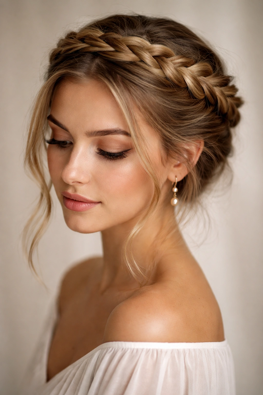 Crown braid around the head forming halo on second-day hair.