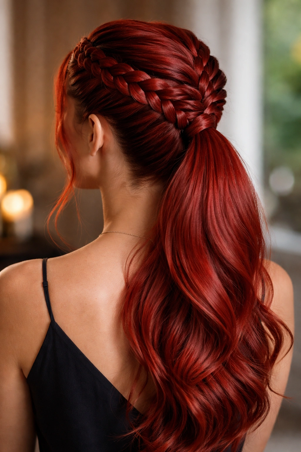 Crown French braid arching around head into red ponytail