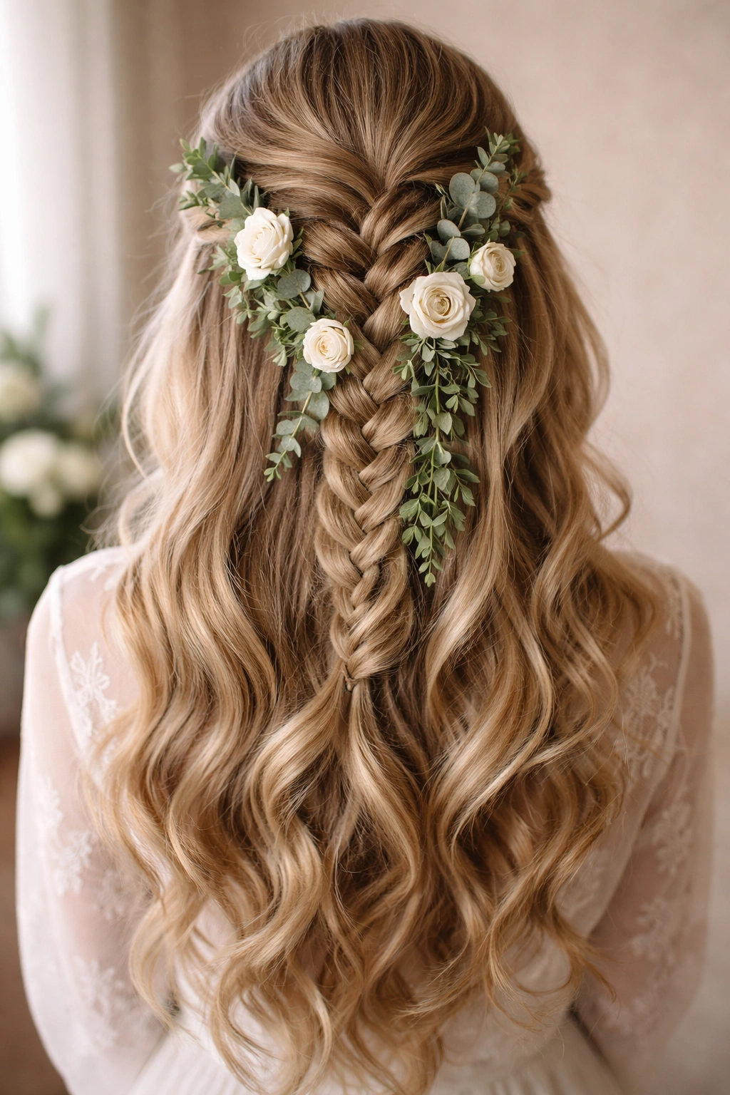 Half-up French braid with eucalyptus and white roses woven into the braid
