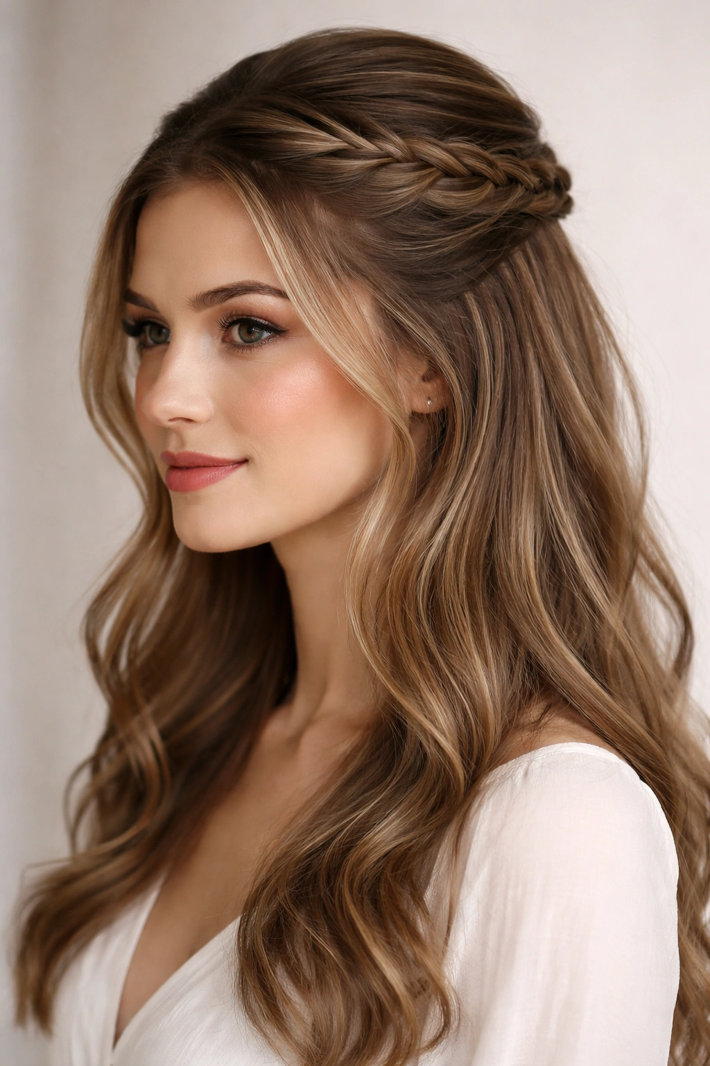 Close-up of a classic French braid half up framing the face