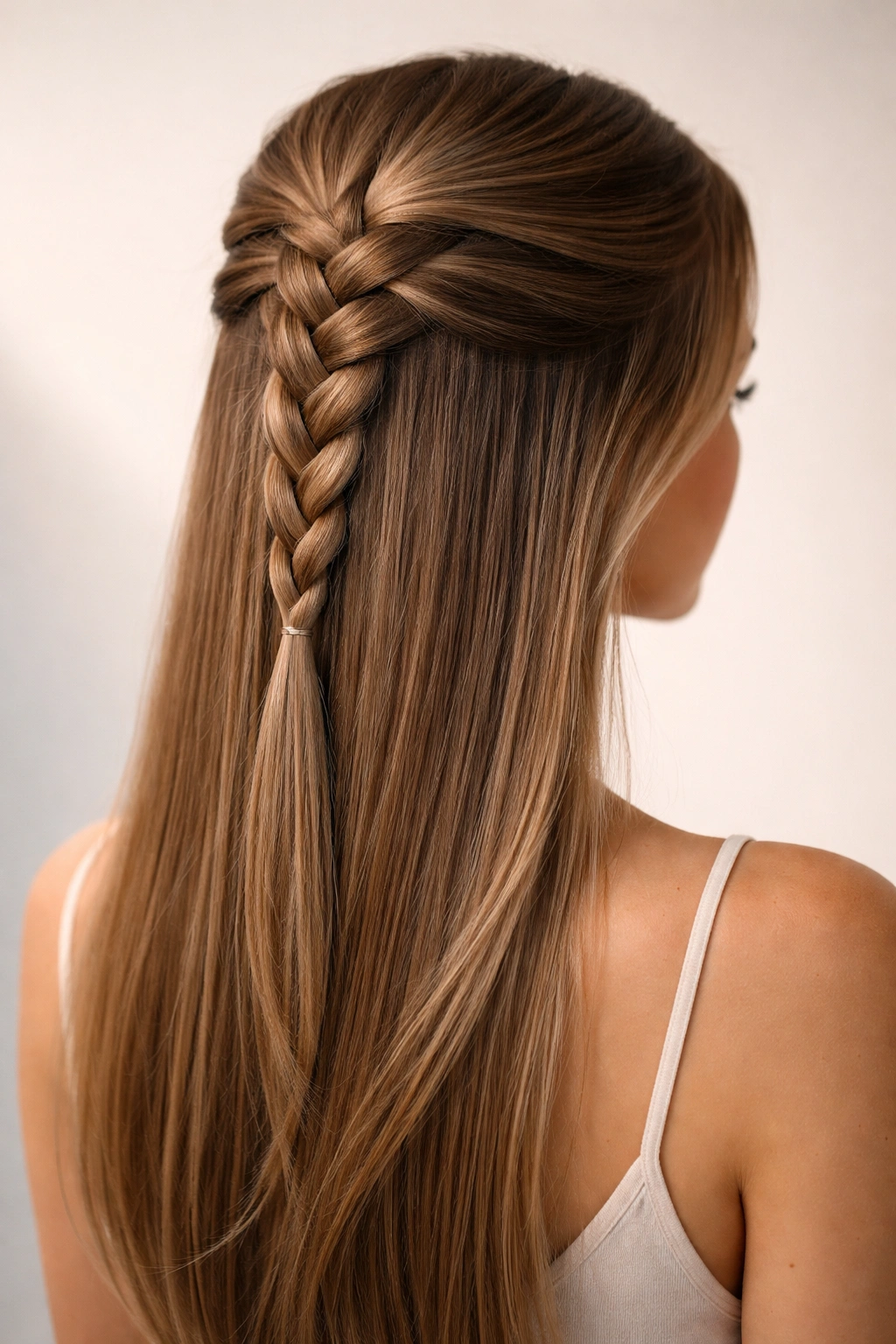 Close-up of a head with crown French braid and loose straight hair