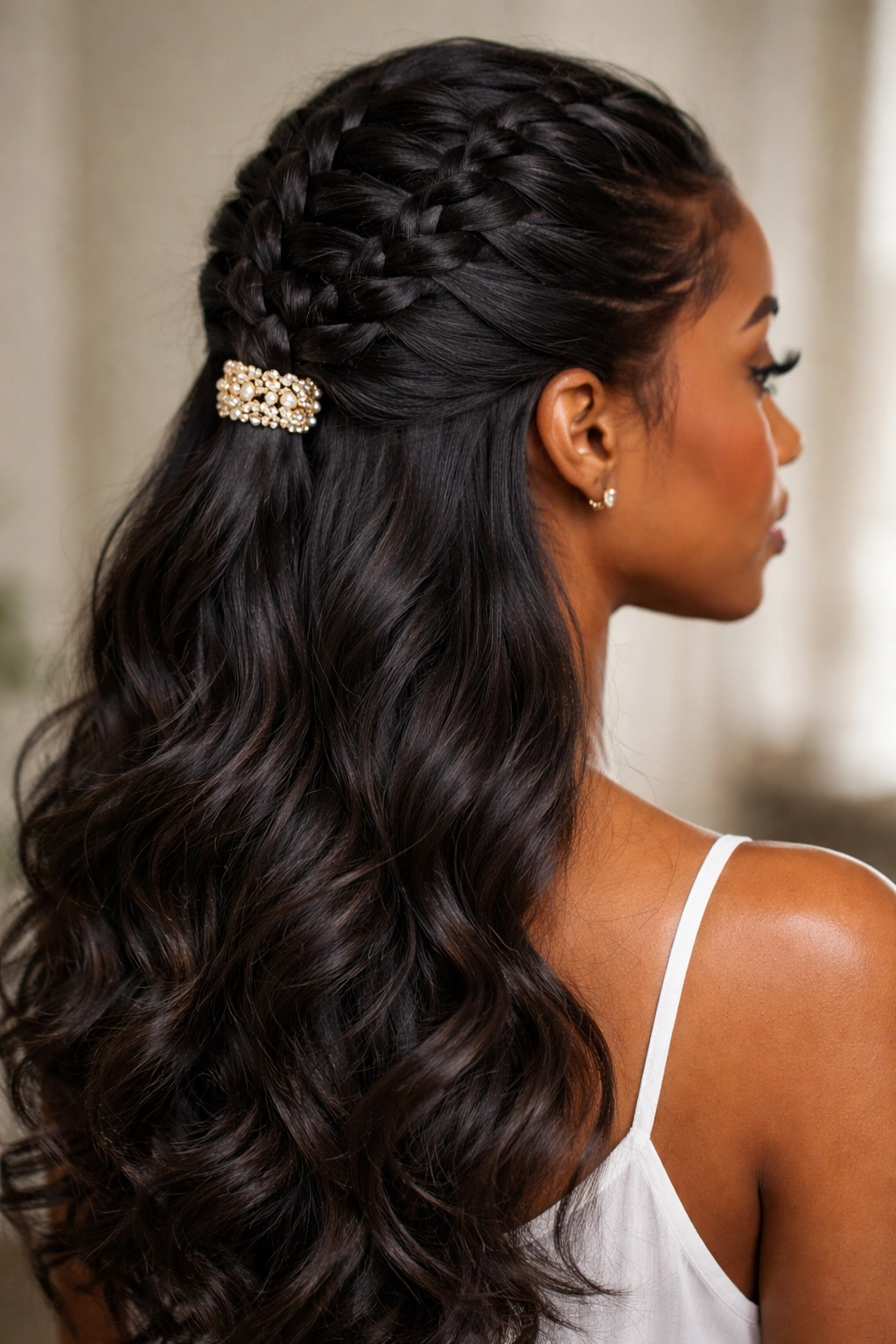 Close-up of a French braid half up with accessory featuring a gold cuff