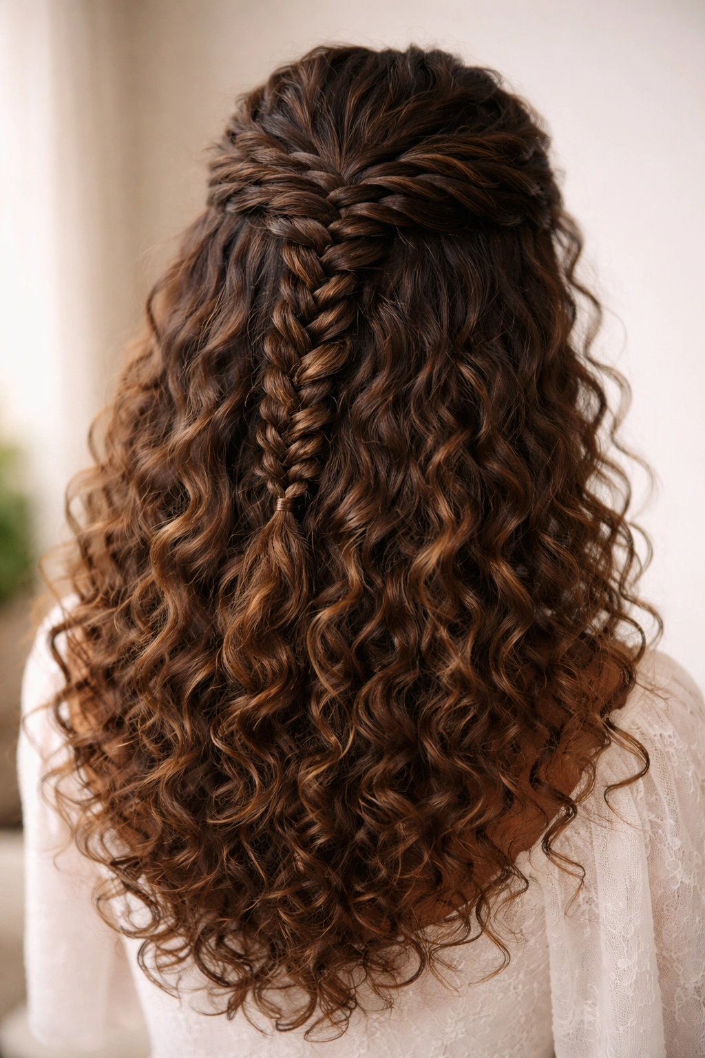 Close-up of a curly hair half-up style showing a classic French braid across the crown with loose curls below