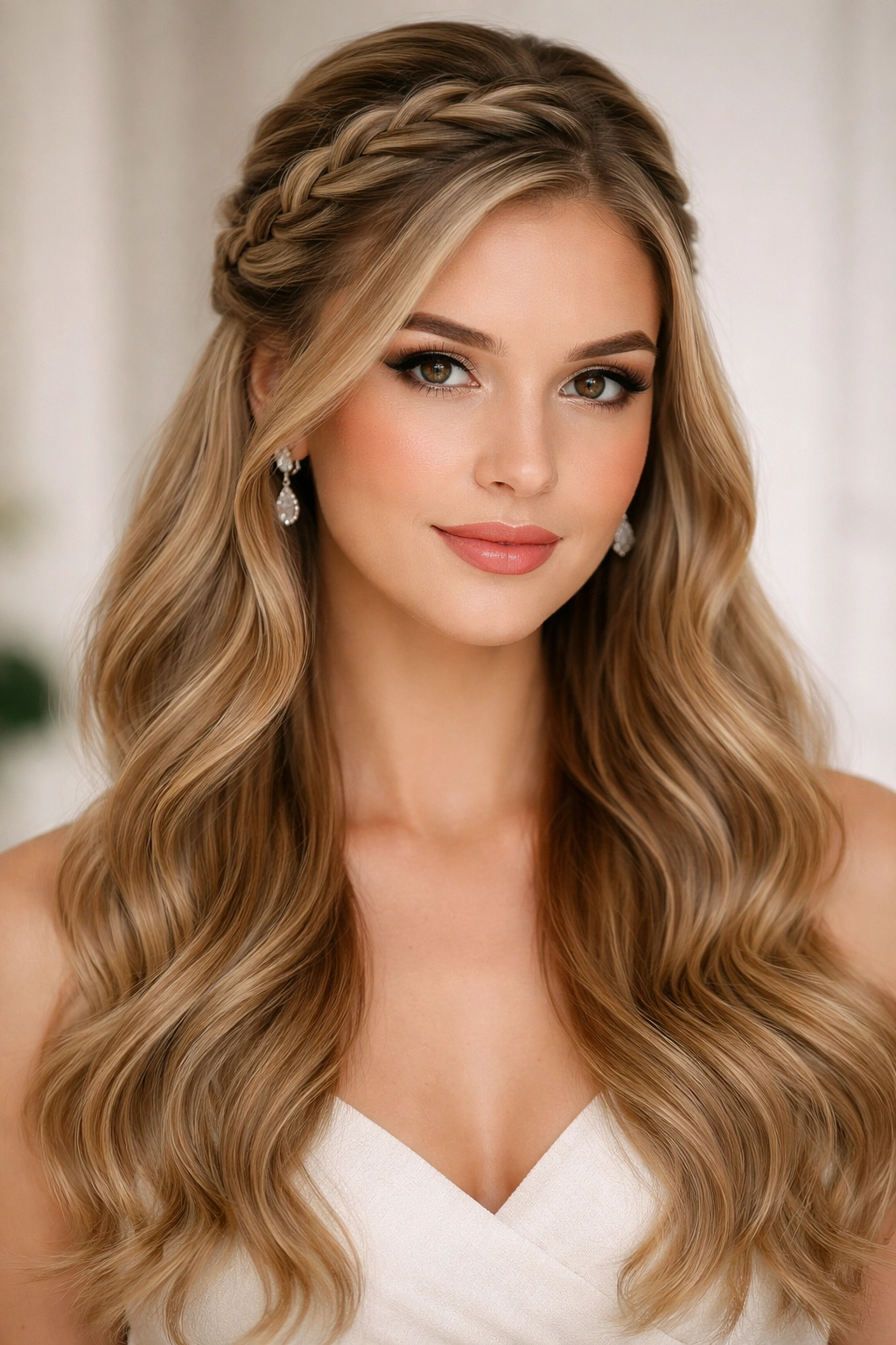 Front-facing view of French braid half up half down with smooth waves