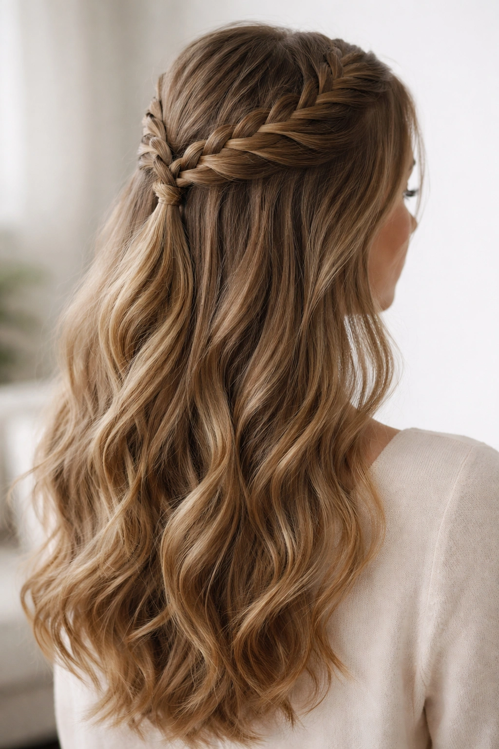 Close-up of long hair with a classic French braid half up and soft waves