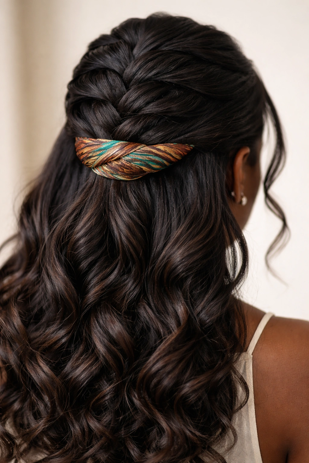 Close-up of French braid half up with decorative wrap