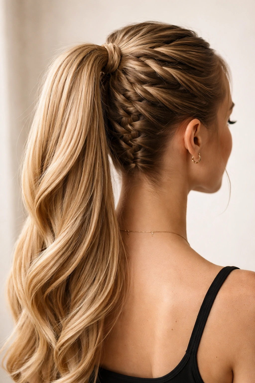 Close-up of French braid high ponytail with continuous braid grid