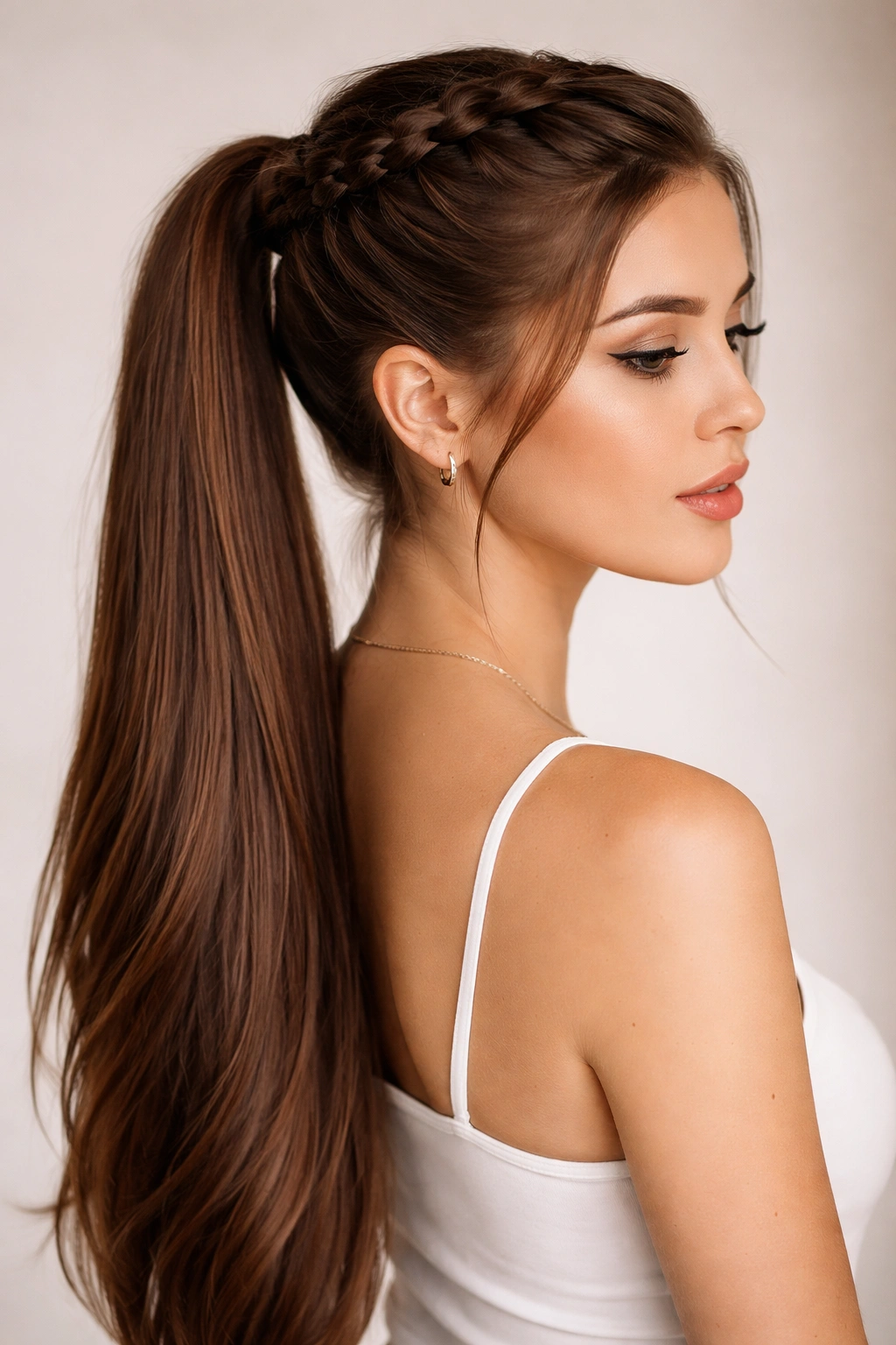 French braid across the crown with a sleek ponytail
