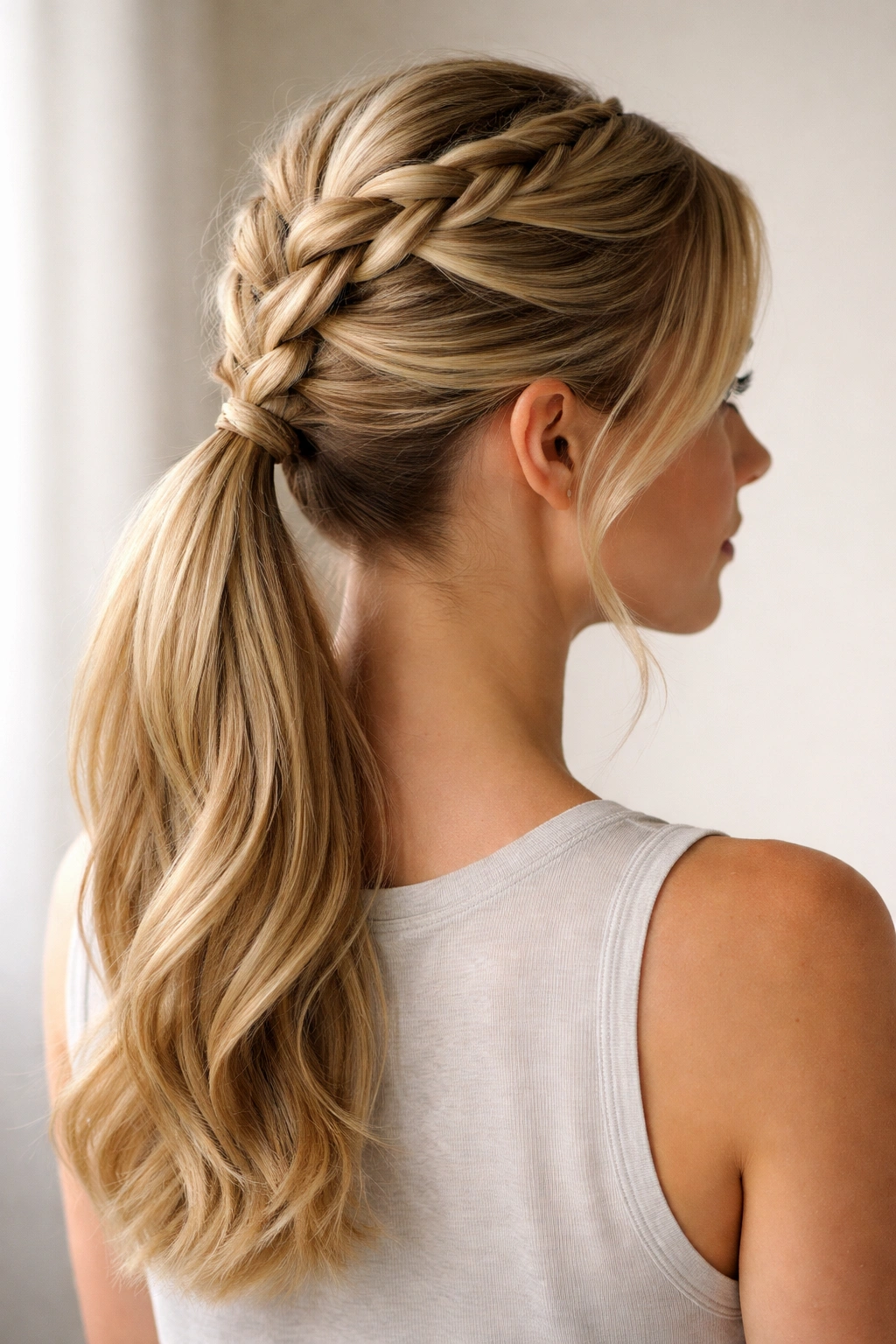 Close-up of a crown French braid blending into a mid-length ponytail