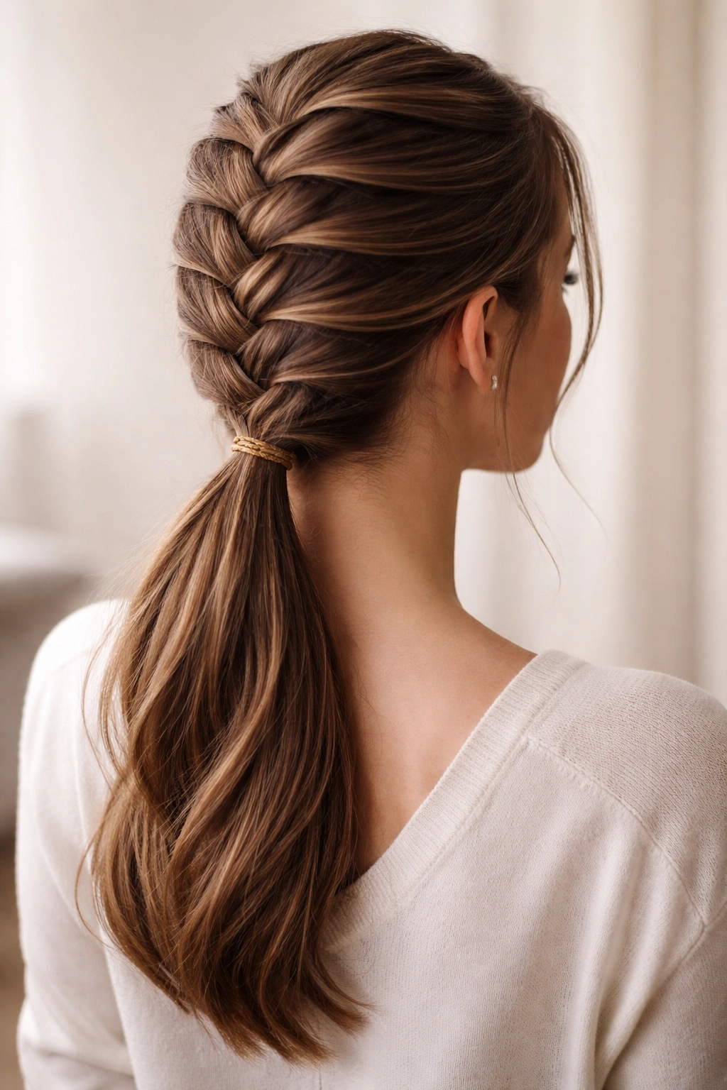 French braid flowing into a low ponytail at the nape