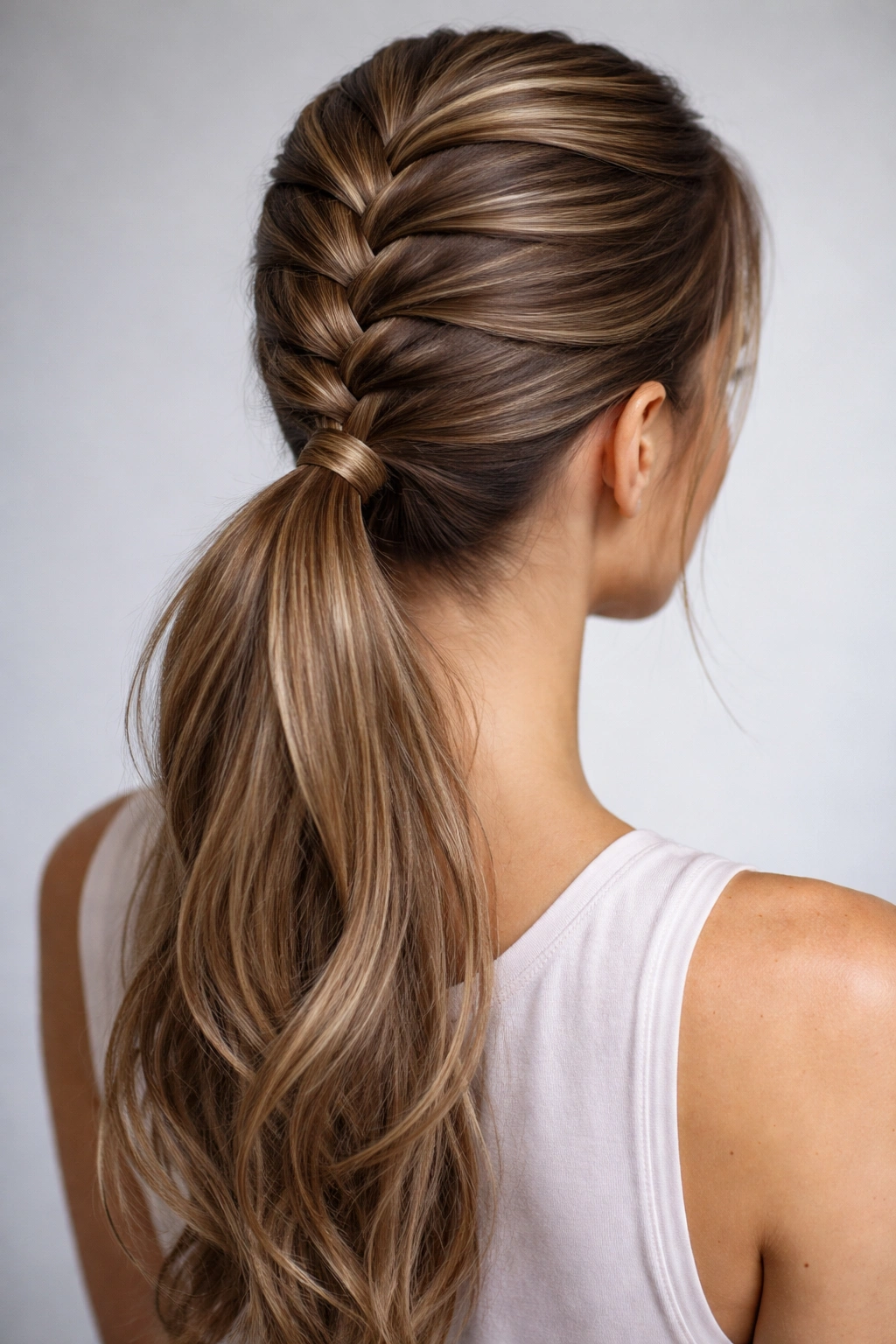 French braid from crown into a ponytail with structured volume