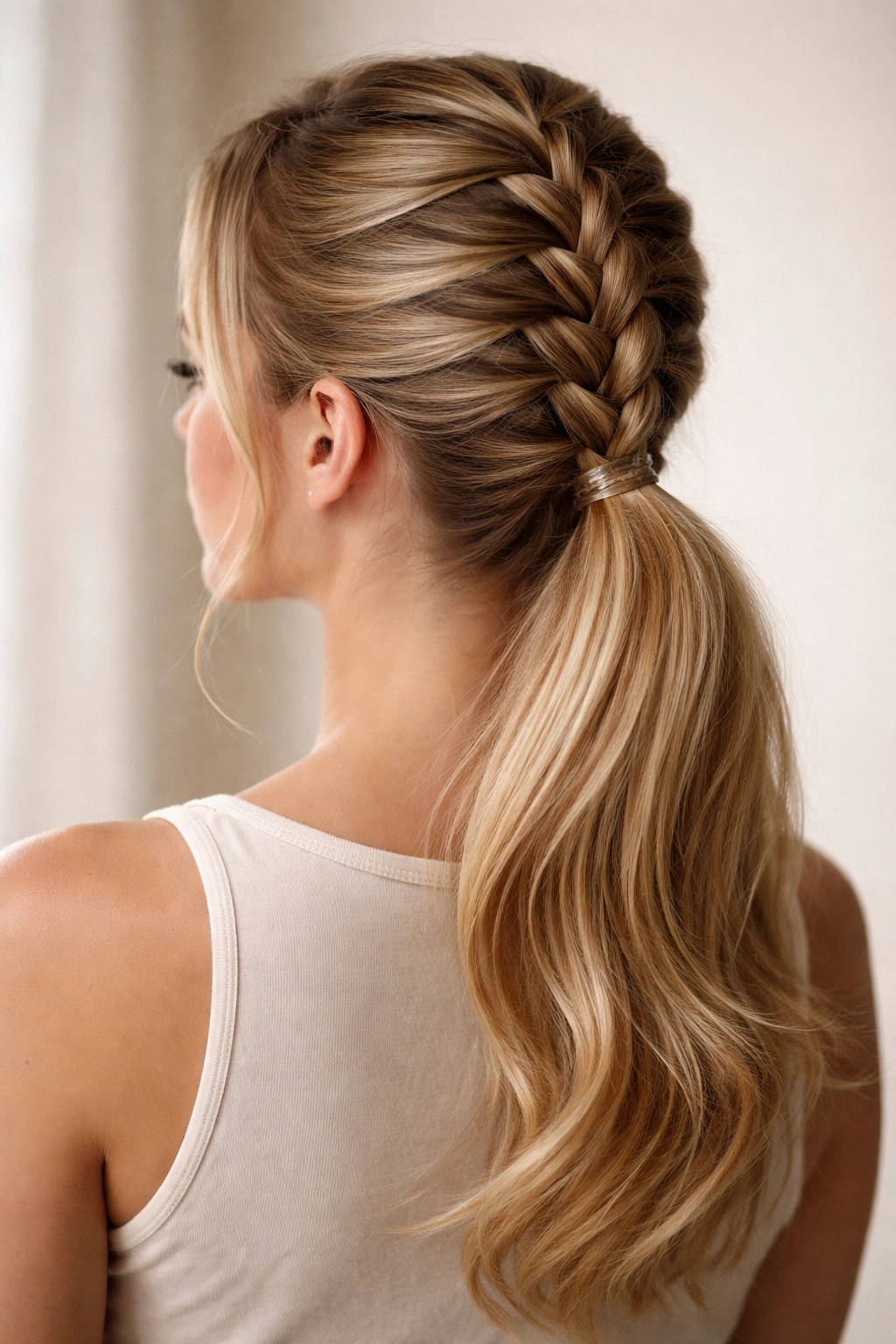 Crown-origin French braid flowing into a ponytail