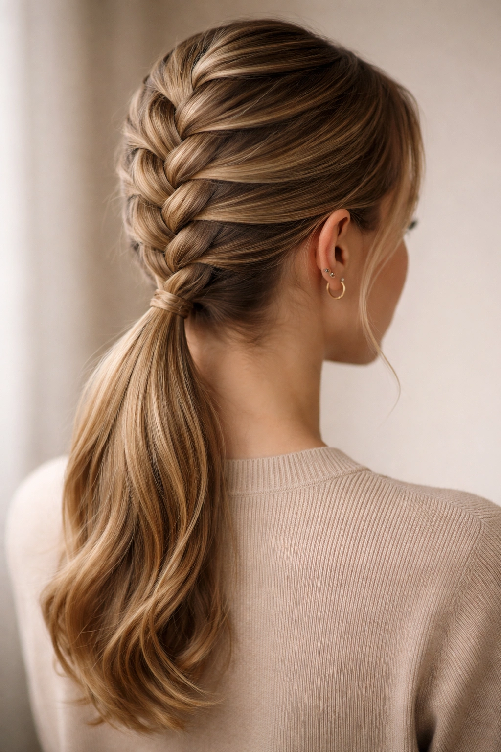 Close-up of a classic French braid forming a ponytail on medium-length hair.