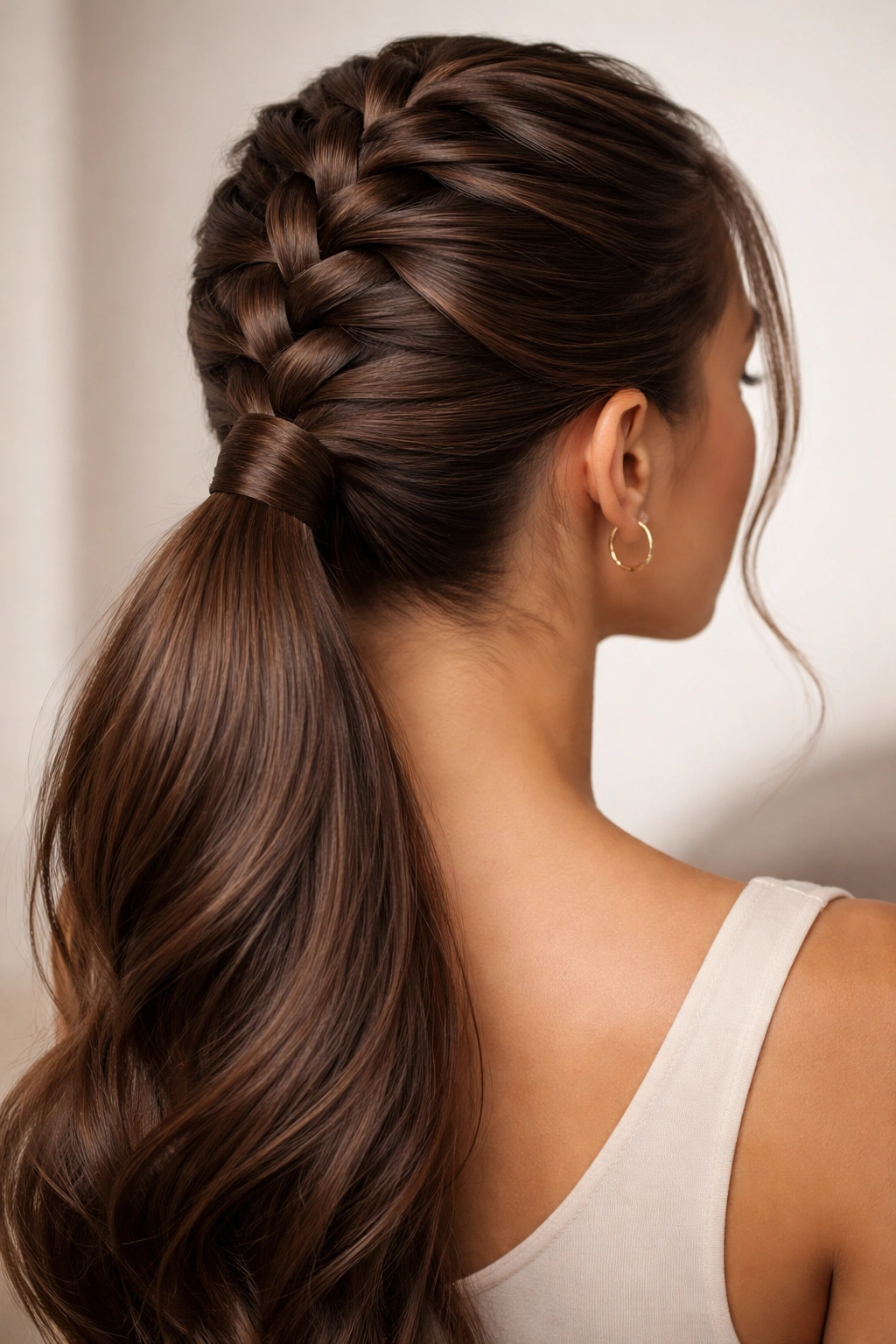 Thick hair with crown French braid leading into a high ponytail