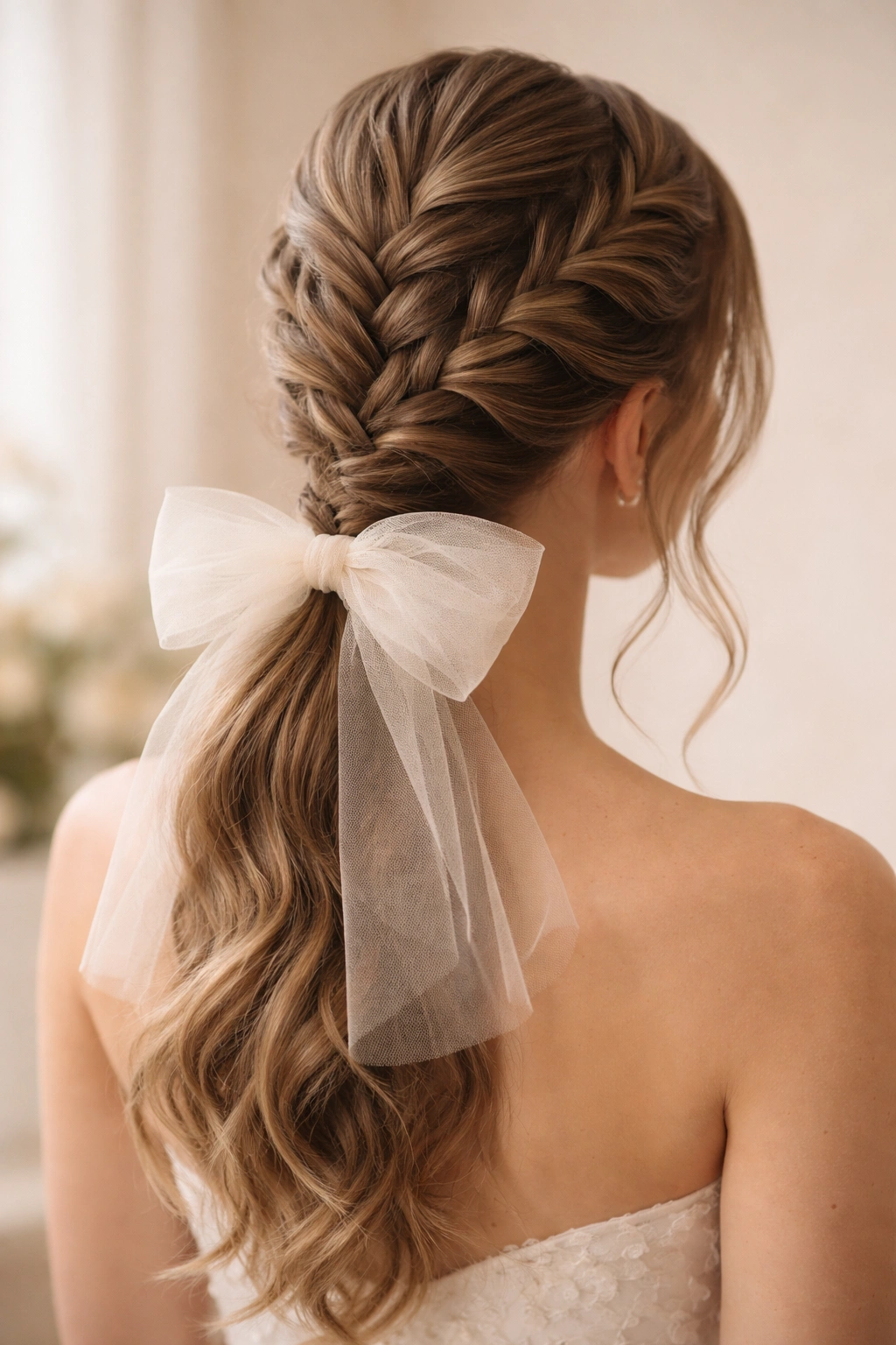 Close-up of a French Braid Ponytail With Tulle Bow showing an elegant low ponytail with a delicate tulle bow