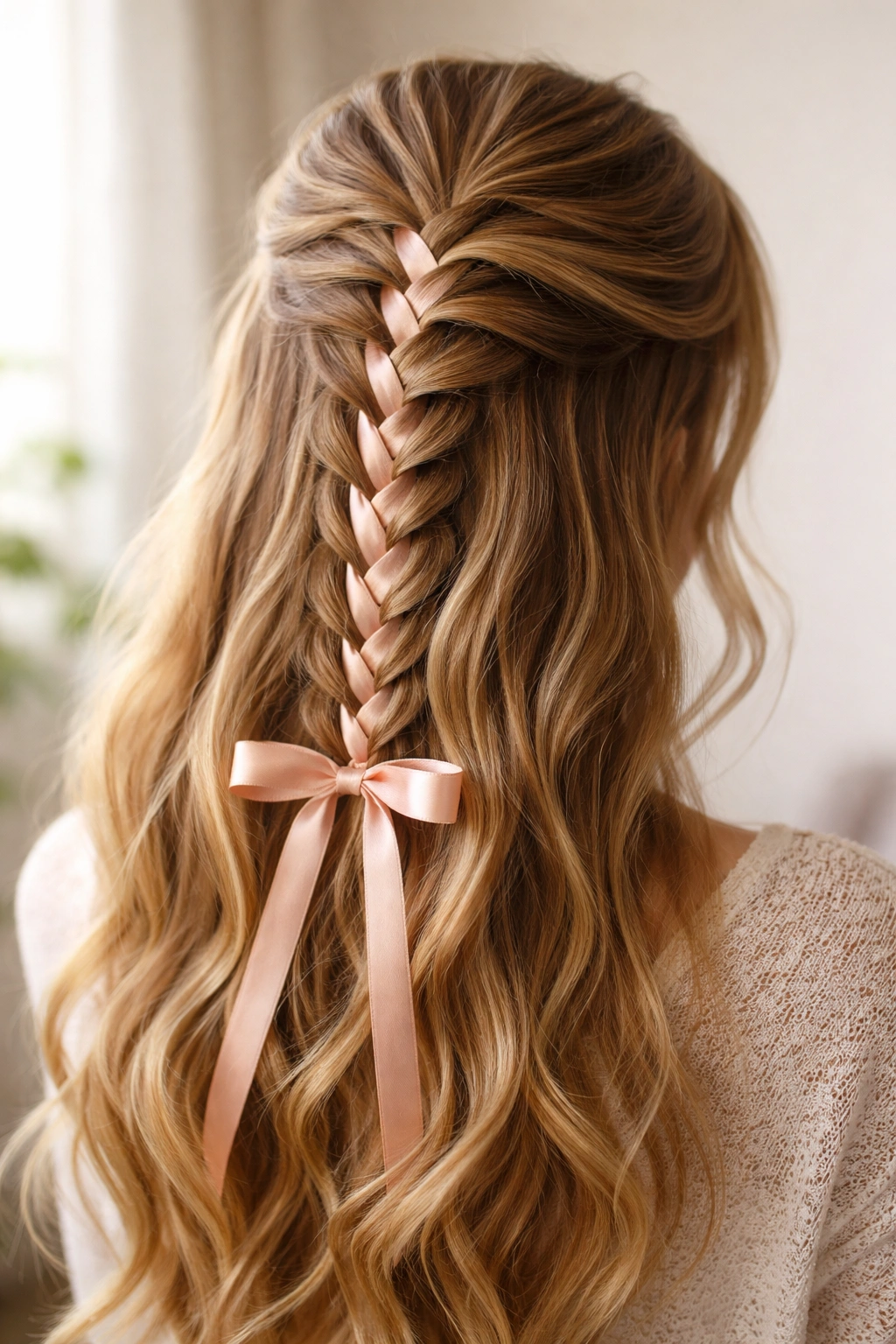 French braid half-up with ribbon woven through