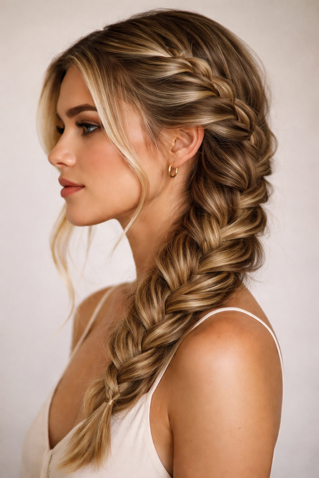 Profile view of a side-swept French braid from temple to shoulder.