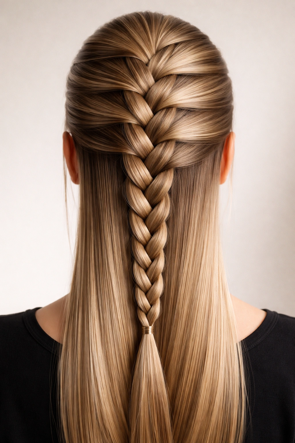 Close-up back view of a French braid on straight hair with crisp, defined sections.