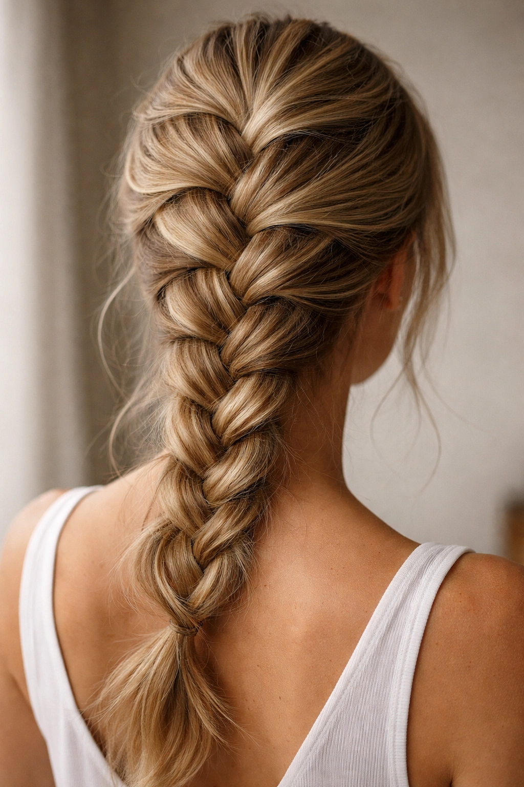 Close-up of a classic French braid with loose edges on second-day hair.