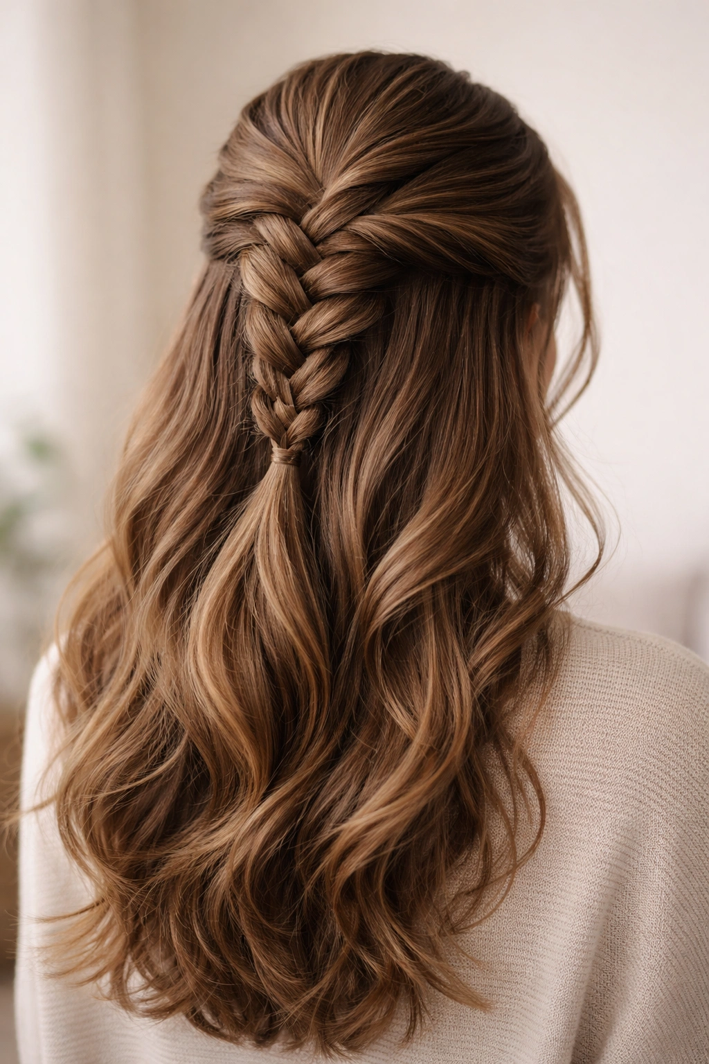 Back view of thick hair in a loose French braid half-up against a neutral backdrop