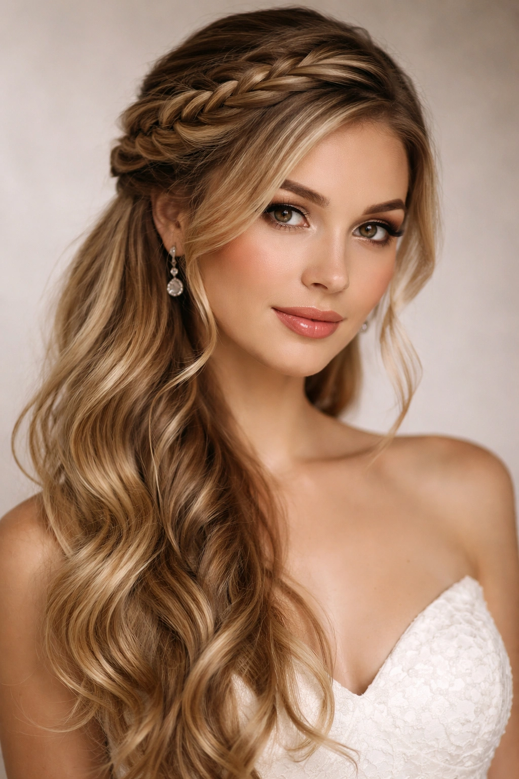 Head-on portrait of French braid with twisted crown and cascading hair