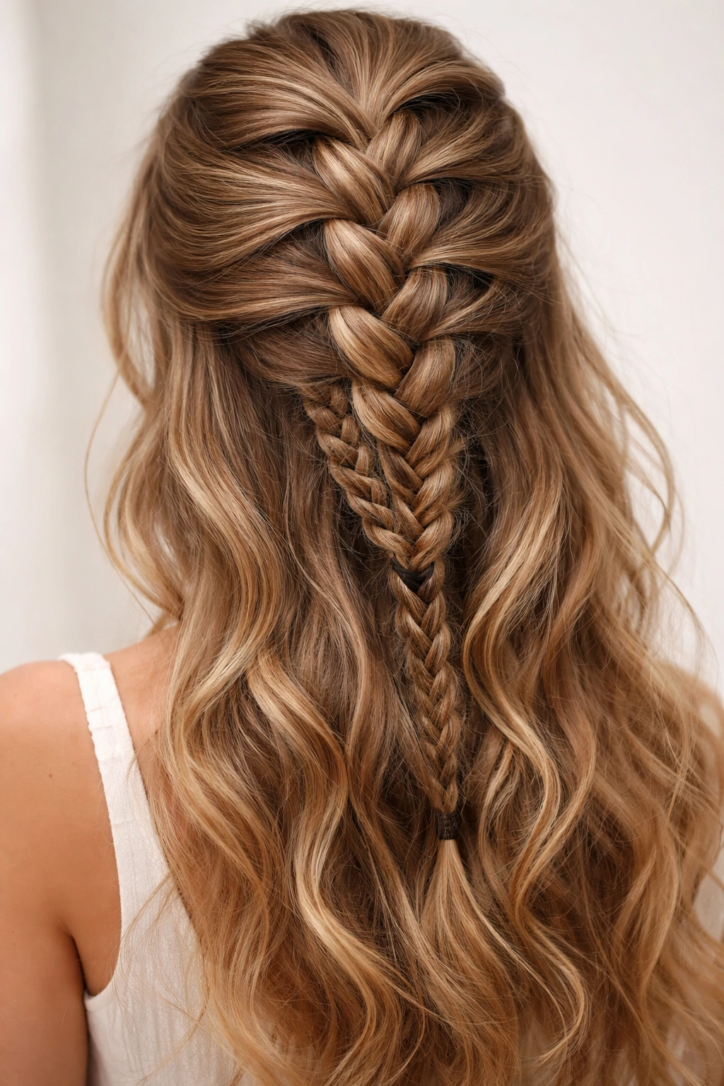 Top French braid with a subtle underlay braid visible beneath on wavy hair