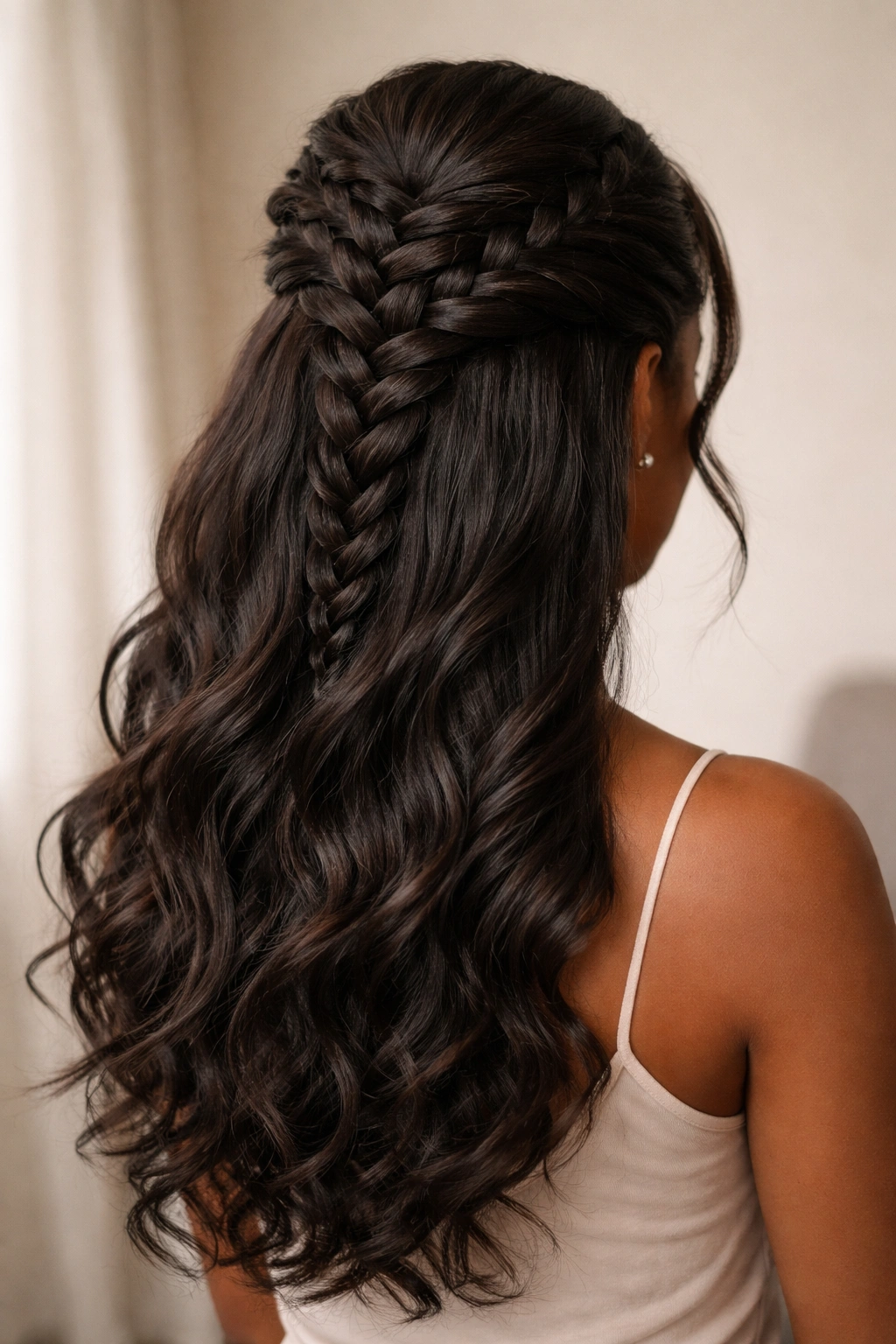 Close-up of a mannequin head showing Classic French Braid Half Up Half Down.