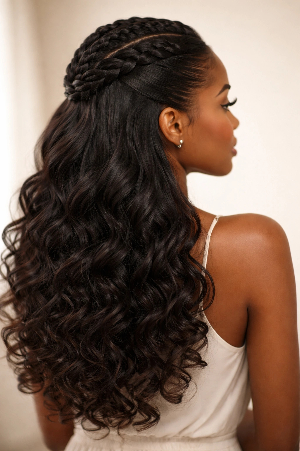 Sleek french braid half up with curls cascading below.
