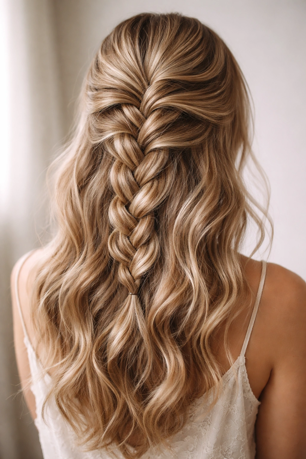 Close-up of a French braid in soft-wavy hair with visible texture