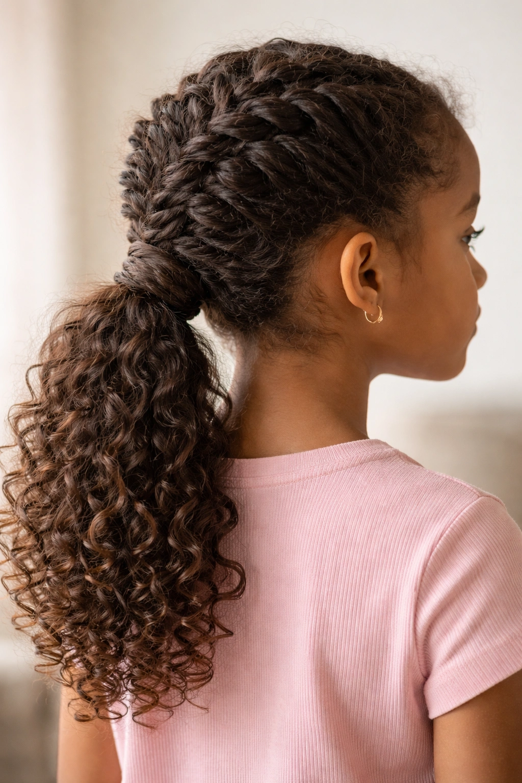 French braid wrapped ponytail on a curly-haired child with a polished finish