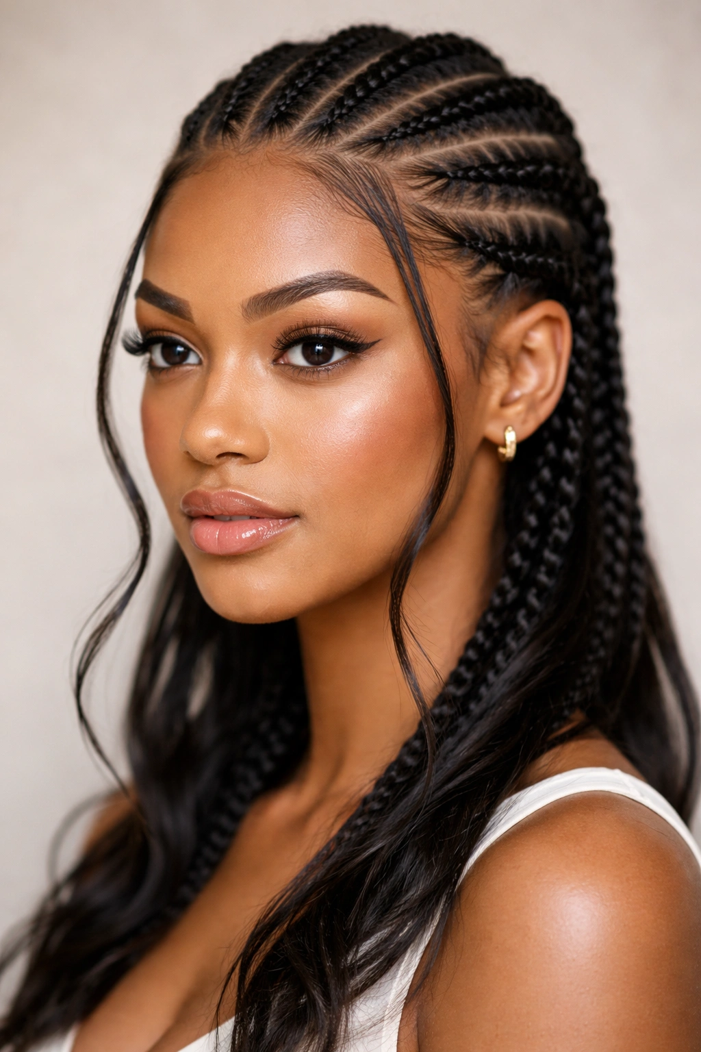 Close-up of French cornrows with face-framing sections left unbraided
