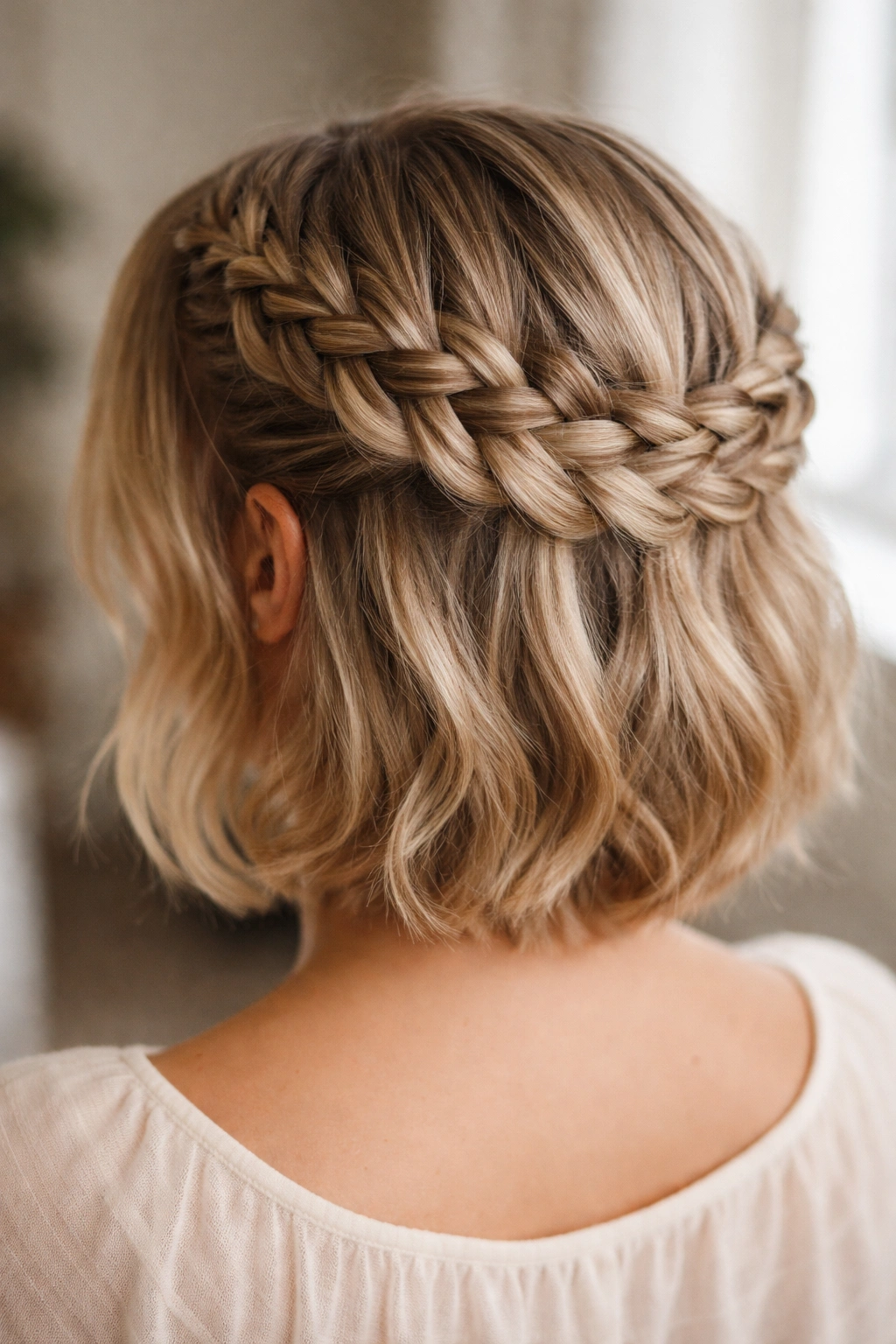 Short hairstyle featuring a French crown braid woven into the hair around the crown
