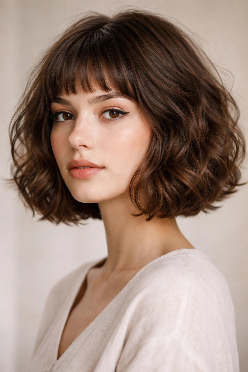 French girl bob with micro bangs on brown wavy hair in studio lighting