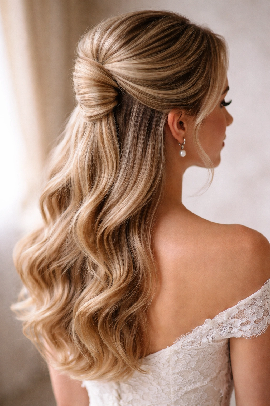 Back view of a classic half French twist with flowing waves