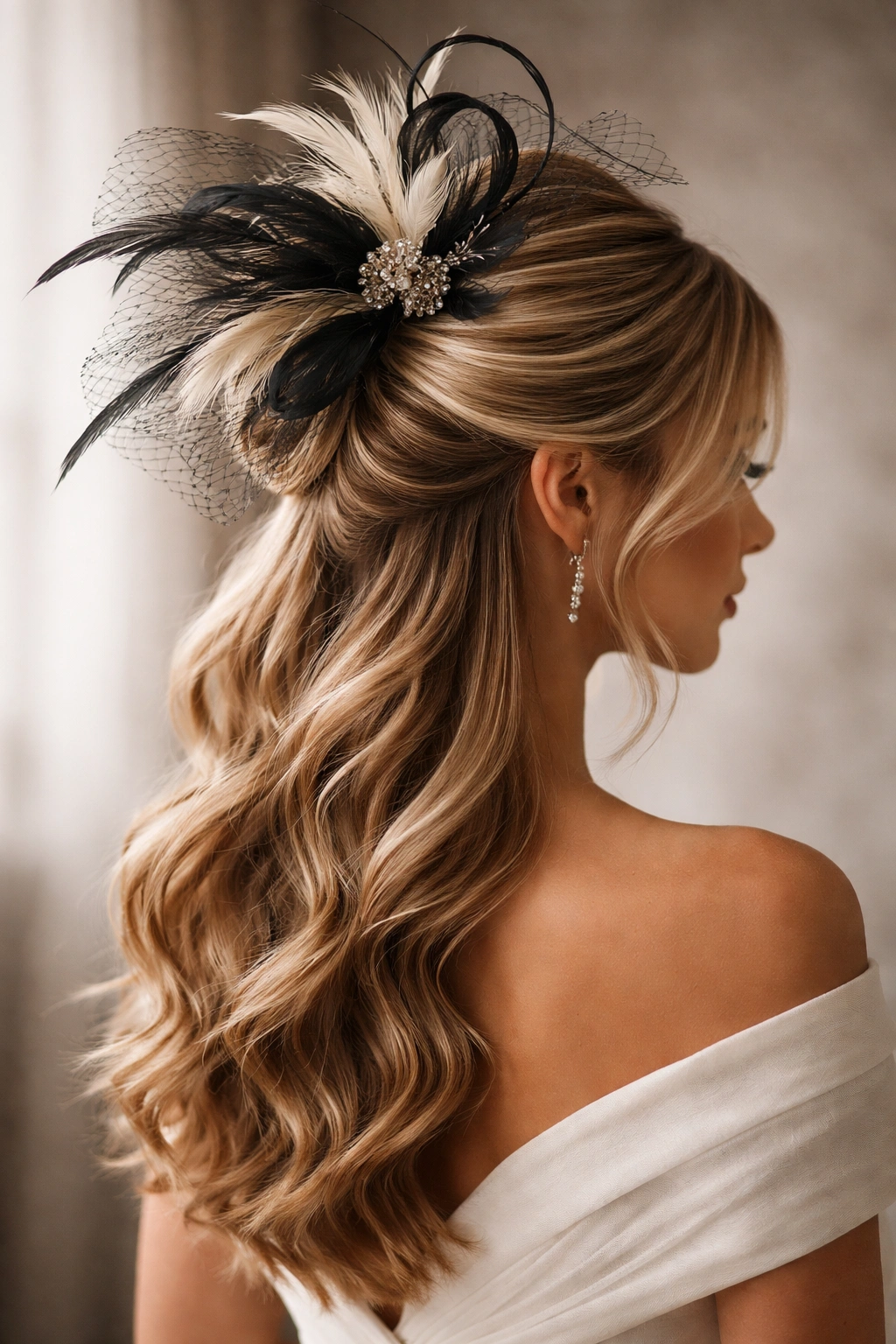 French twist half-up with dramatic fascinator in studio