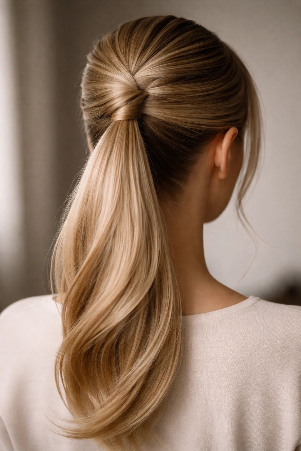 Back view of a vertical French twist blending into a ponytail with sleek lines