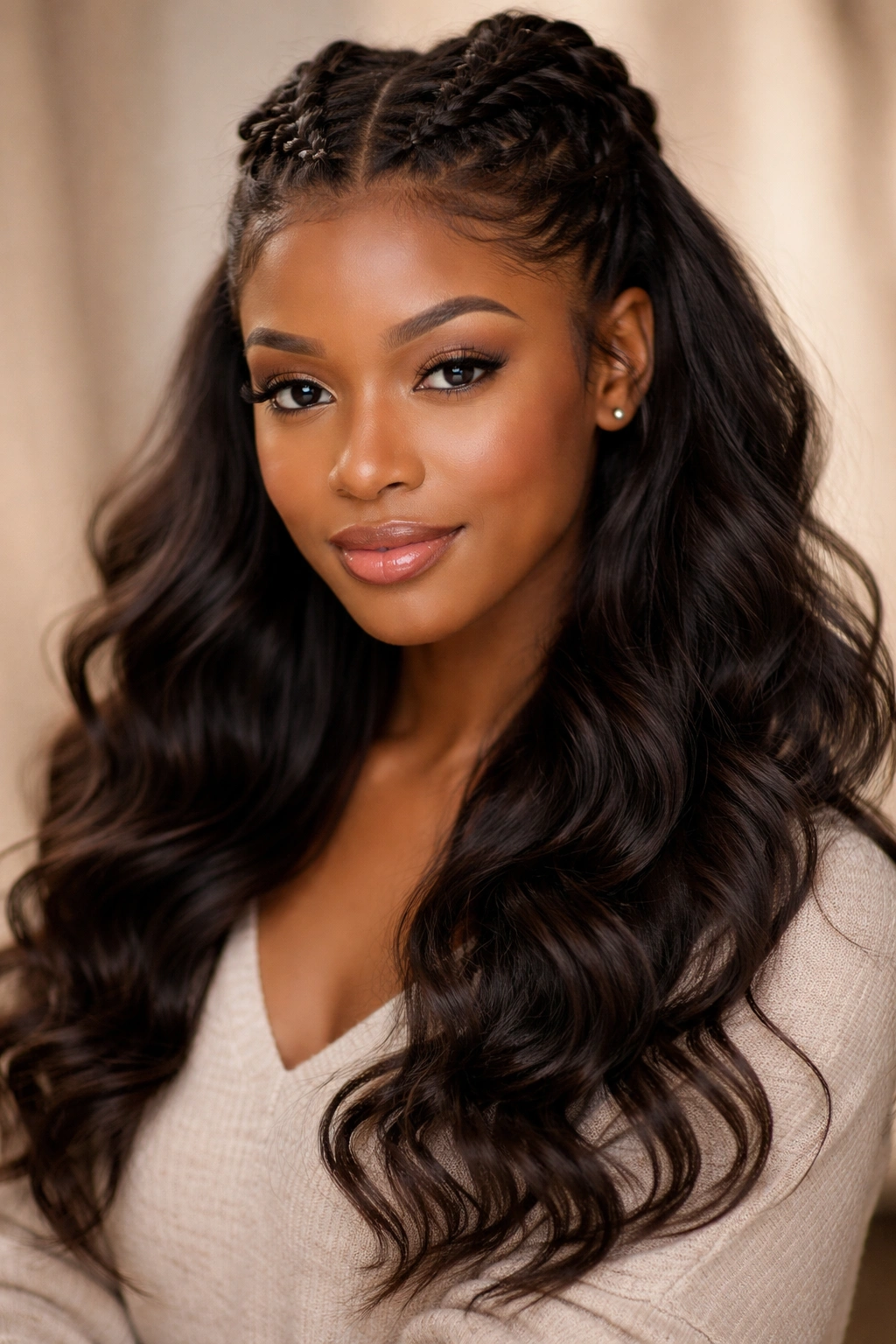 Close-up portrait of a Black woman with a French braid half up half down hairstyle, showcasing braid detail and flowing hair.