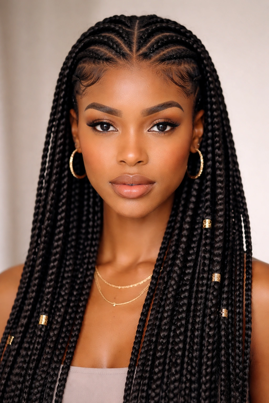 Front-facing cornrows framing the face transitioning to box braids behind
