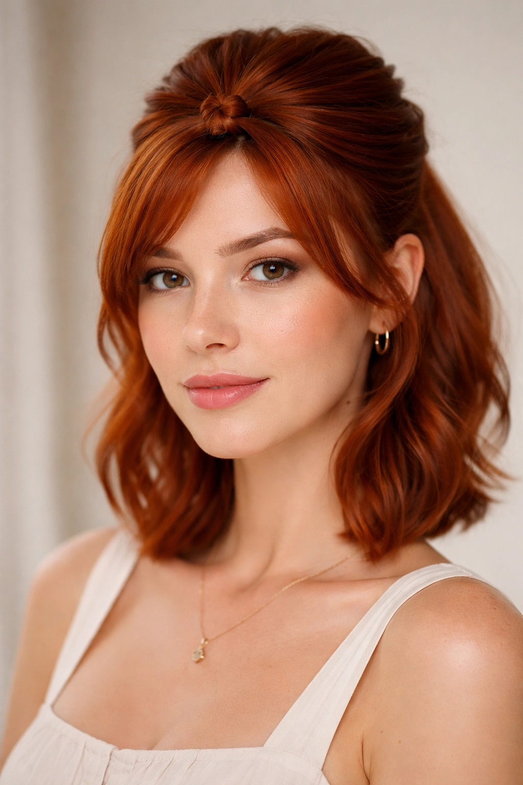 Close-up of short red hair in a half-up style with a delicate front knot detail.