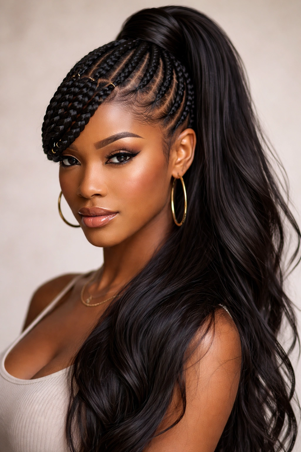 Close-up portrait of a person with frontal cornrows forming a bold braided bang and long ponytail.