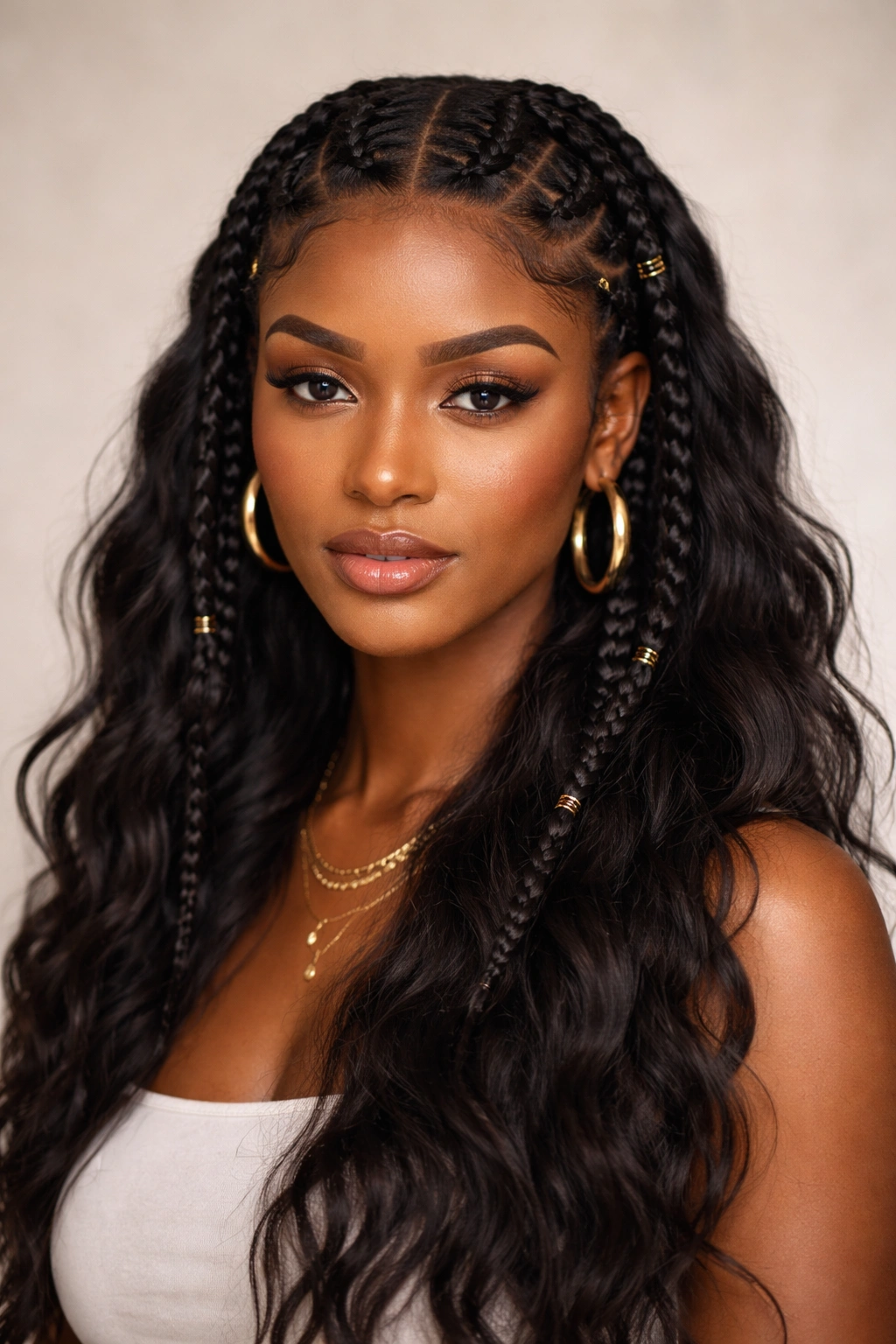 Close-up of a person with Frontal Fulani Braids at the front and loose back-length waves
