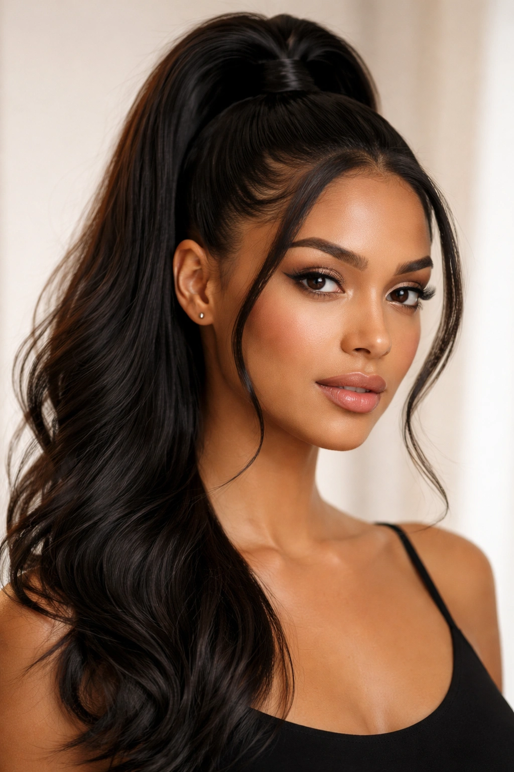 Close-up of a model with a classic high frontal ponytail, sleek and polished