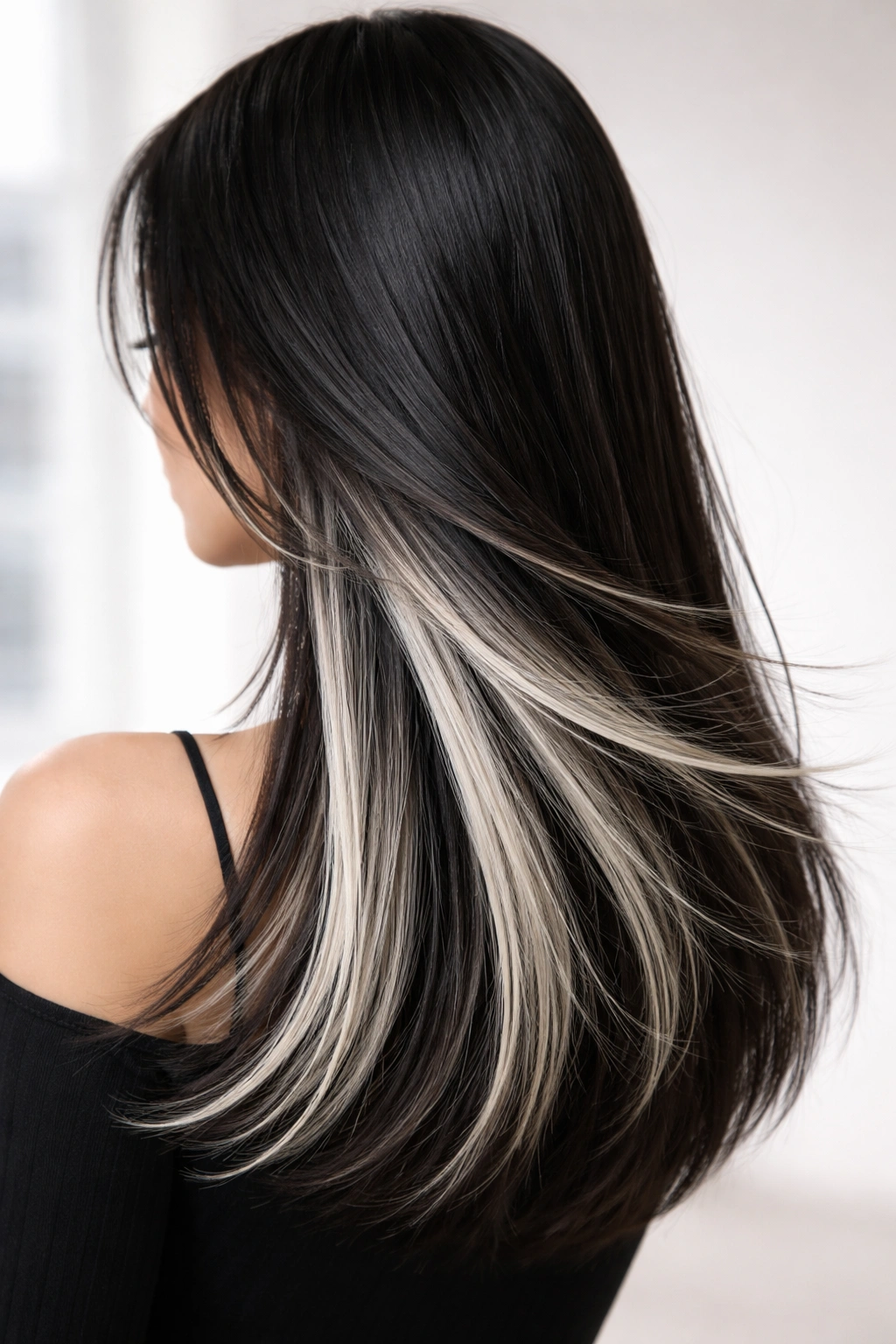 Underlayer design with frost-tipped strands visible when hair moves on straight hair.