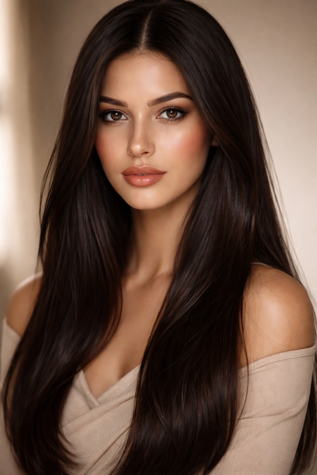 Fudgy brunette straight hair in deep warm brown shade.
