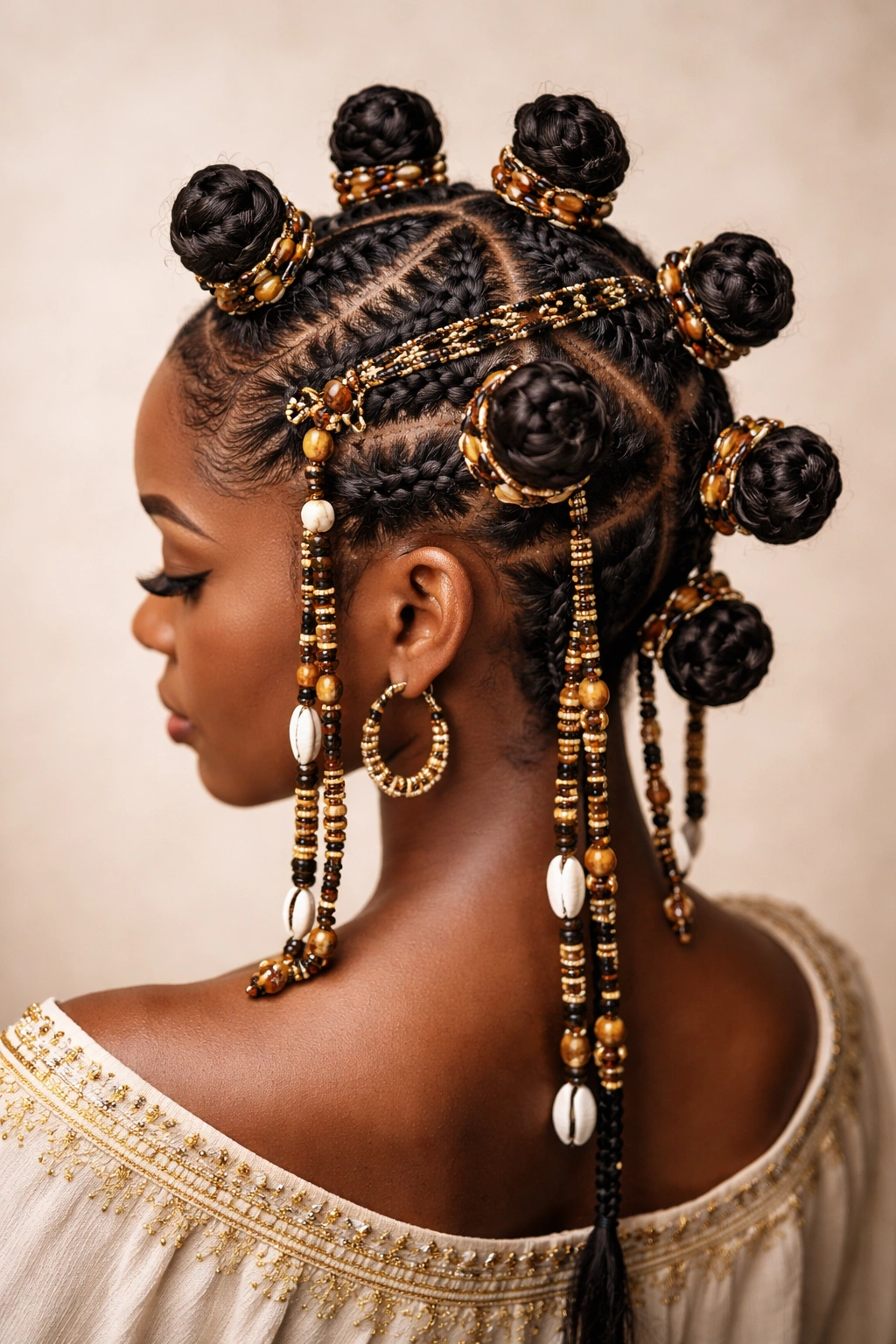 Fulani-inspired bantu knots with beads and geometric patterns